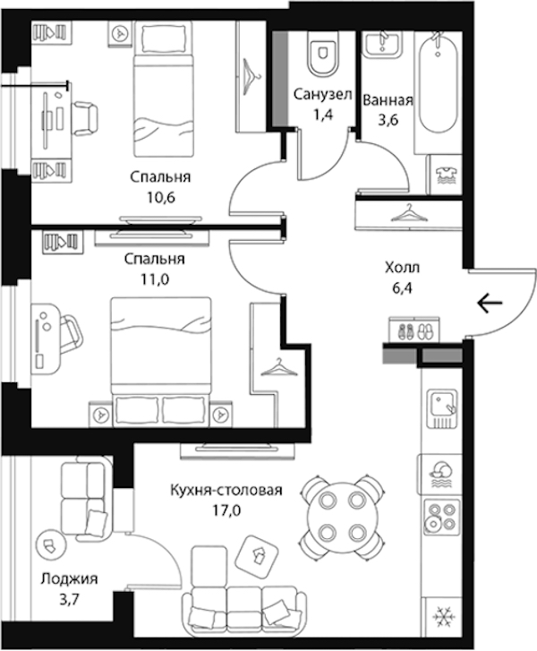 2-комнатная квартира 52.9 м², 3/3 эт., ЖК «Экография»