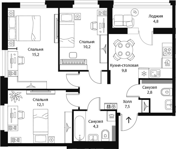 3-комнатная квартира 64.3 м², 3/3 эт., ЖК «Экография»
