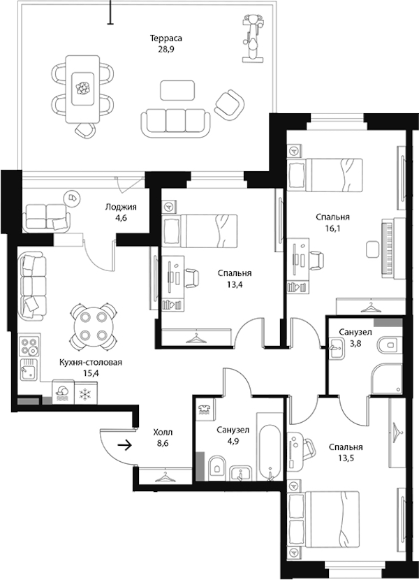 3-комнатная квартира 86.7 м², 1/3 эт., ЖК «Экография»
