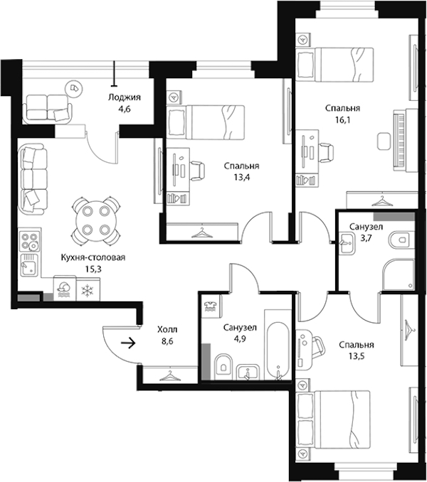 3-комнатная квартира 77.8 м², 2/3 эт., ЖК «Экография»