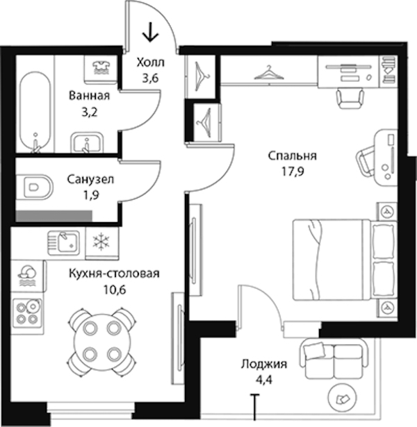 1-комнатная квартира 39.4 м², 2/3 эт., ЖК «Экография»