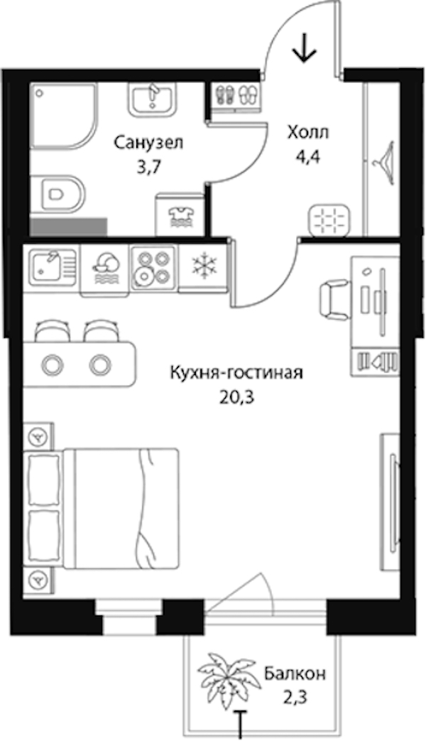 Квартира студия 29.1 м², 2/3 эт., ЖК «Экография»