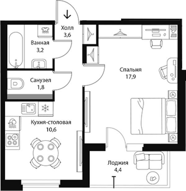 1-комнатная квартира 39.3 м², 3/3 эт., ЖК «Экография»