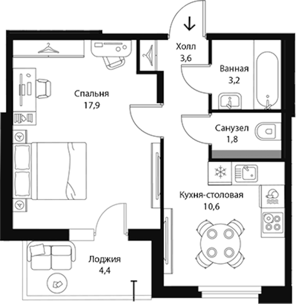1-комнатная квартира 39.3 м², 3/3 эт., ЖК «Экография»