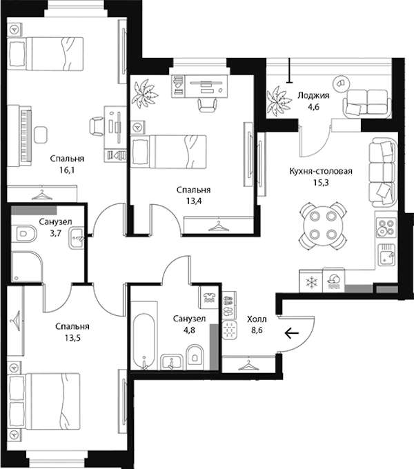 3-комнатная квартира 77.7 м², 3/3 эт., ЖК «Экография»