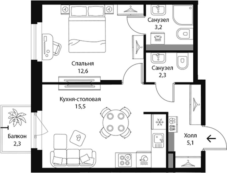 1-комнатная квартира 39.59 м², 3/3 эт., ЖК «Экография»