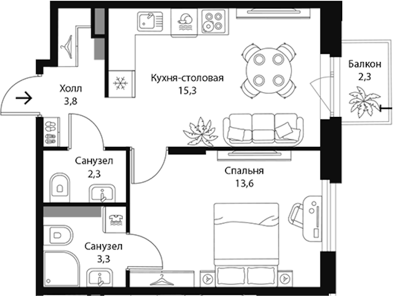 1-комнатная квартира 39 м², 2/3 эт., ЖК «Экография»