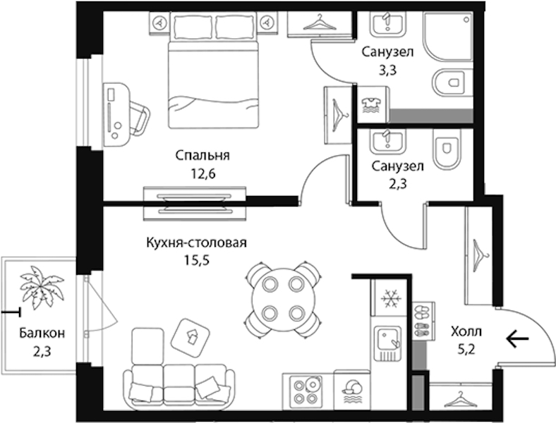 1-комнатная квартира 39.59 м², 2/3 эт., ЖК «Экография»