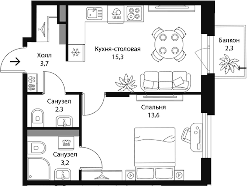 1-комнатная квартира 39 м², 3/3 эт., ЖК «Экография»