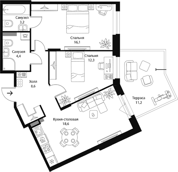 2-комнатная квартира 66.5 м², 1/3 эт., ЖК «Экография»