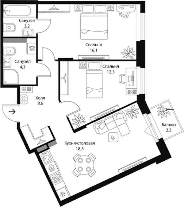 2-комнатная квартира 63.7 м², 2/3 эт., ЖК «Экография»