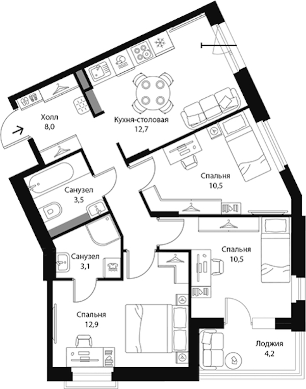 3-комнатная квартира 63.3 м², 3/3 эт., ЖК «Экография»