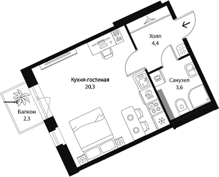 Квартира студия 29 м², 3/3 эт., ЖК «Экография»