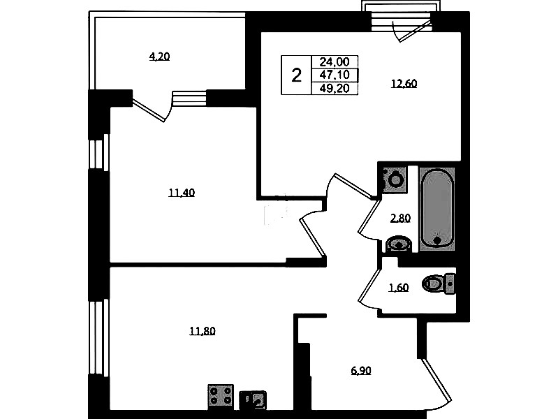 2-комнатная квартира 49.2 м², 3/3 эт., ЖК «Экография»