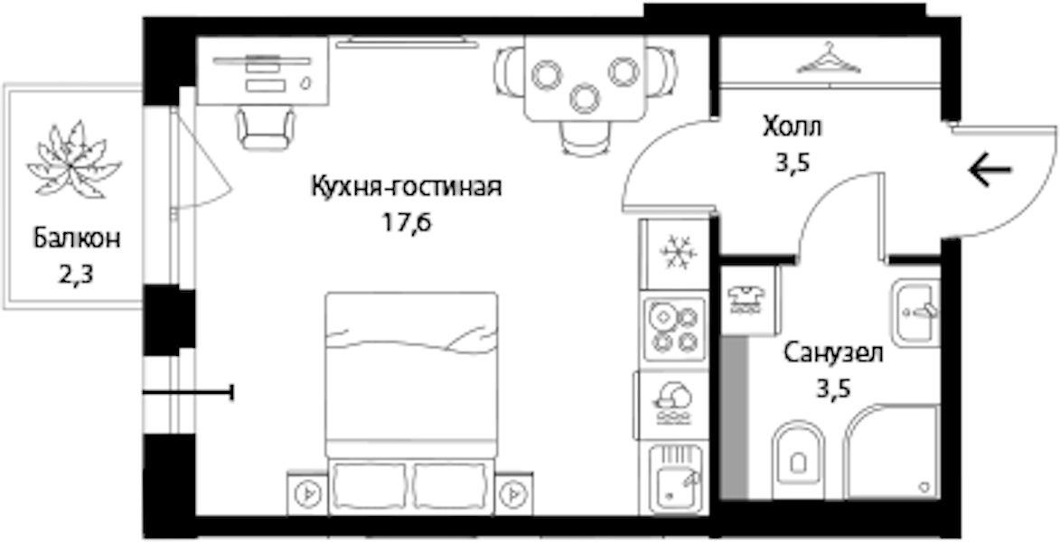 Квартира студия 25.3 м², 2/3 эт., ЖК «Экография»