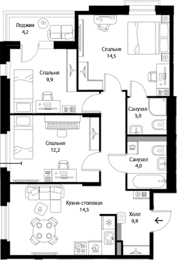 3-комнатная квартира 69.8 м², 3/3 эт., ЖК «Экография»