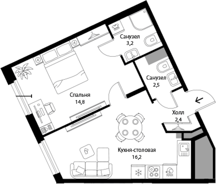 1-комнатная квартира 39.1 м², 1/3 эт., ЖК «Экография»