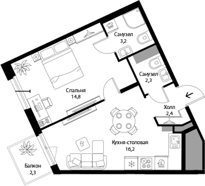 1-комнатная квартира 39.59 м², 2/3 эт., ЖК «Экография»