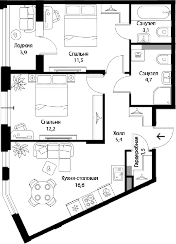 2-комнатная квартира 57 м², 2/3 эт., ЖК «Экография»