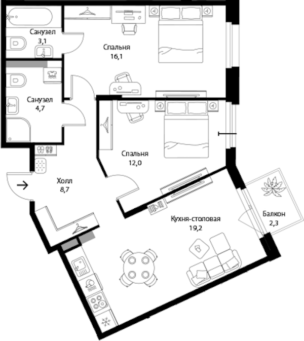 2-комнатная квартира 64.49 м², 2/3 эт., ЖК «Экография»
