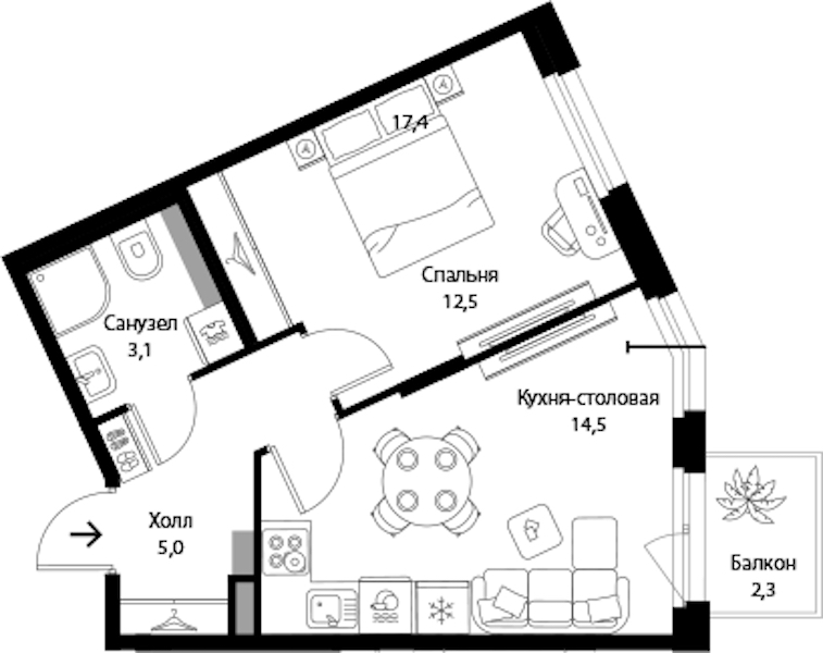 1-комнатная квартира 35.79 м², 3/3 эт., ЖК «Экография»