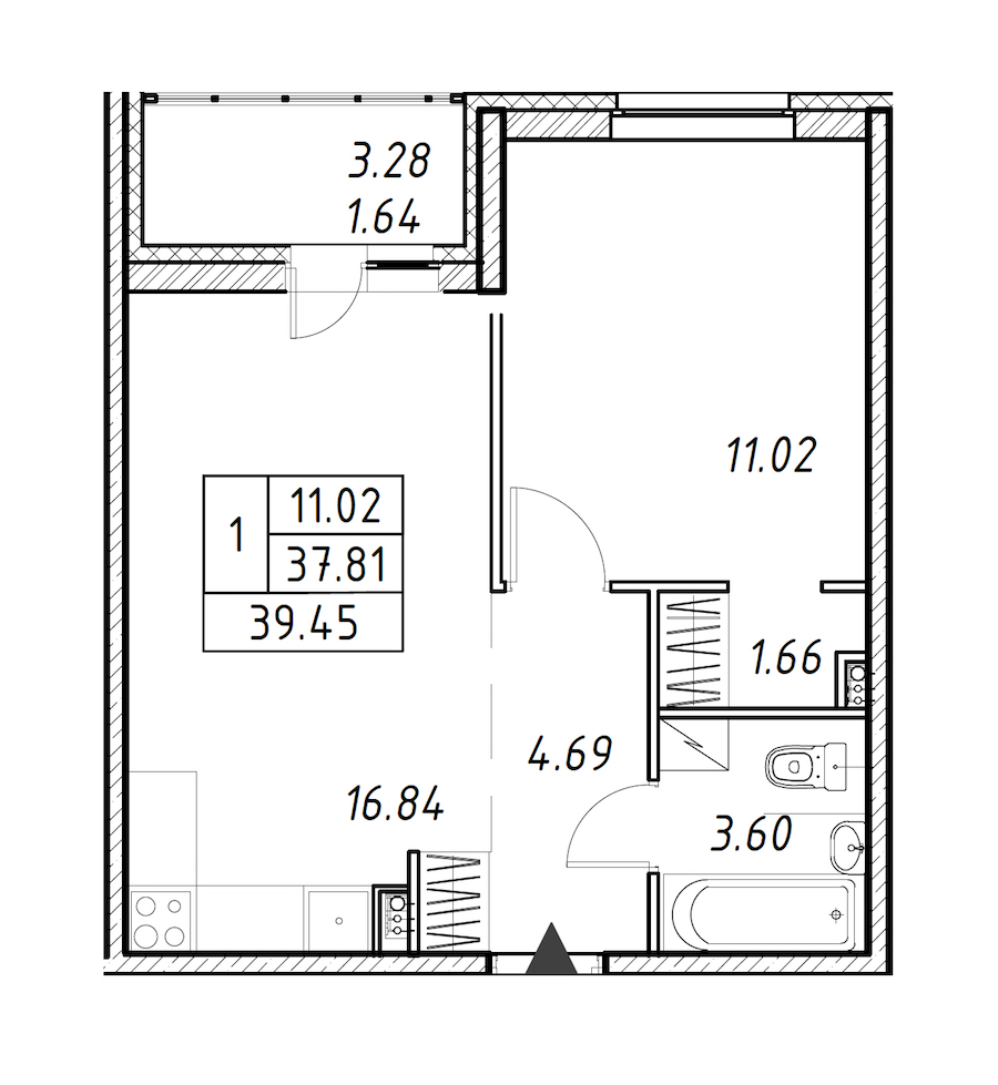 1-комнатная квартира 39.45 м², 2/12 эт., ЖК «Энфилд»