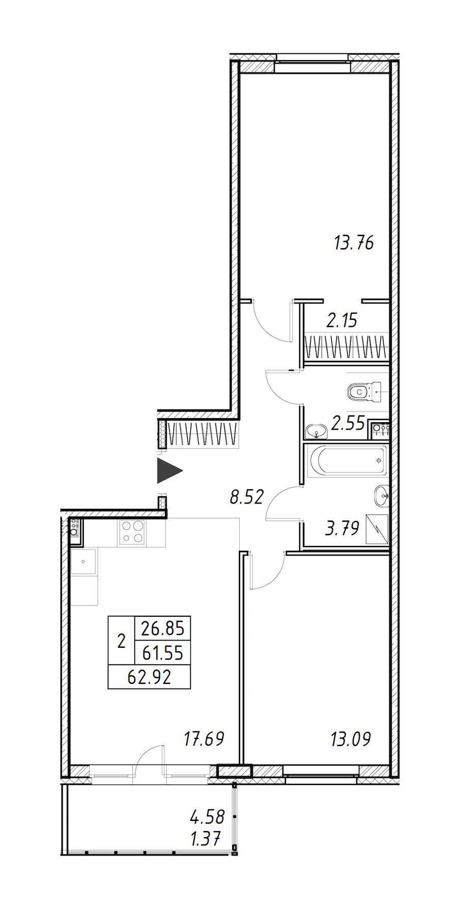 2-комнатная квартира 62.92 м², 2/12 эт., ЖК «Энфилд»