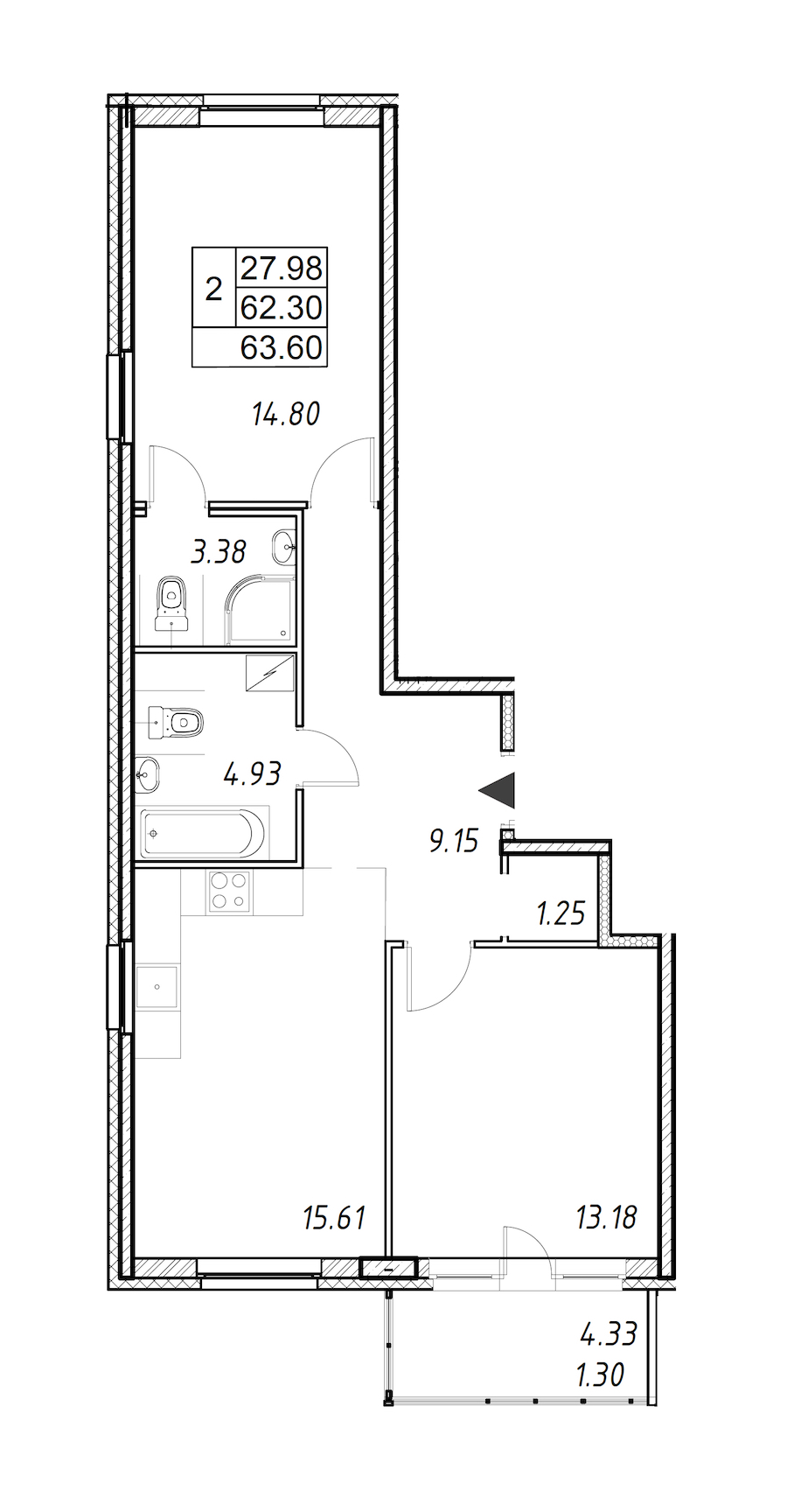 2-комнатная квартира 63.6 м², 2/12 эт., ЖК «Энфилд»