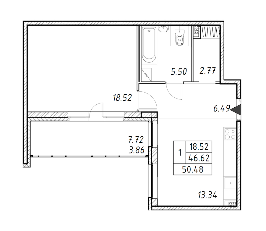 1-комнатная квартира 50.48 м², 2/12 эт., ЖК «Энфилд»