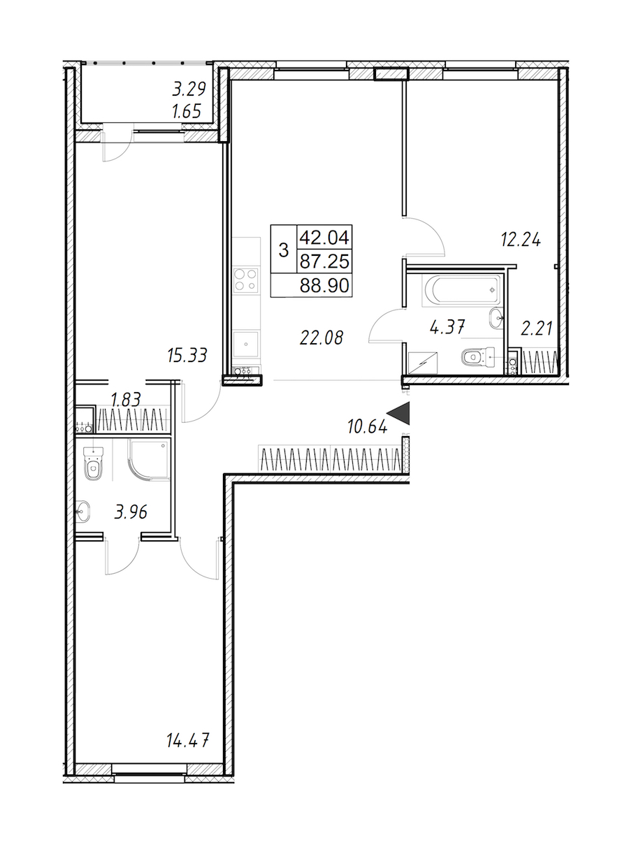 3-комнатная квартира 88.9 м², 2/12 эт., ЖК «Энфилд»