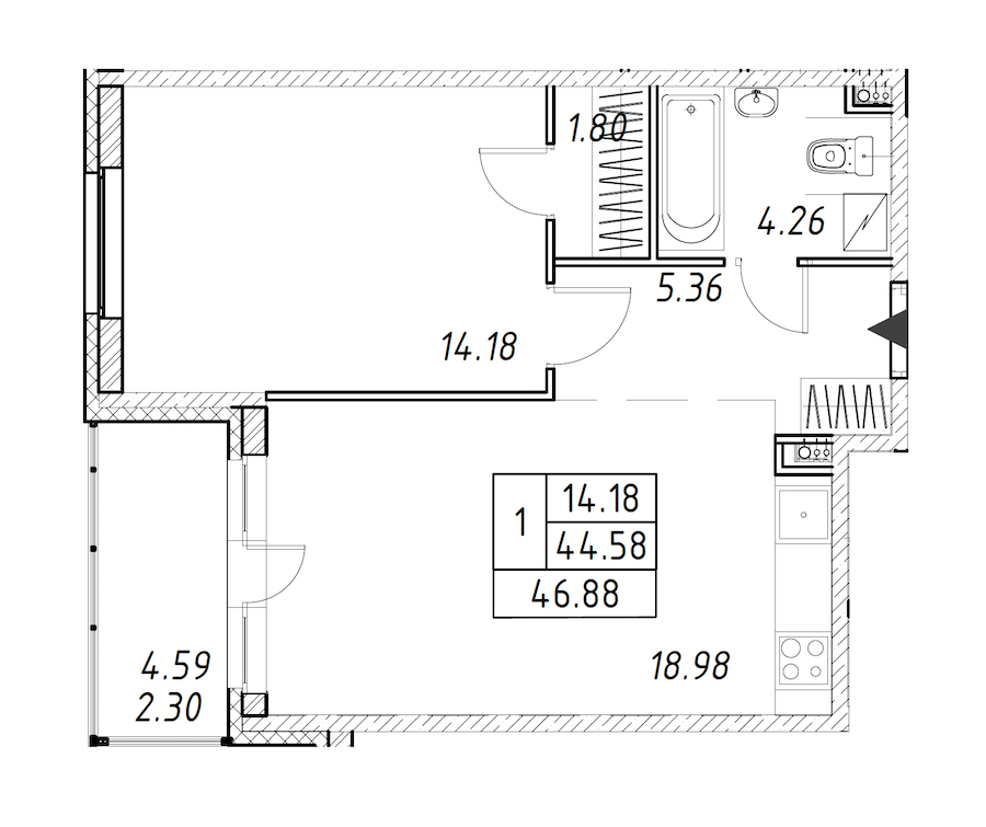1-комнатная квартира 46.88 м², 2/12 эт., ЖК «Энфилд»
