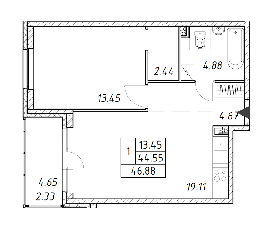 1-комнатная квартира 46.88 м², 2/12 эт., ЖК «Энфилд»