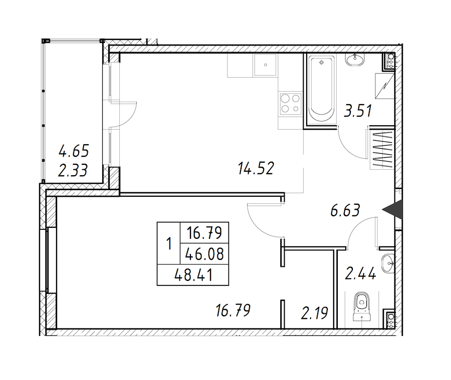 1-комнатная квартира 48.41 м², 2/12 эт., ЖК «Энфилд»