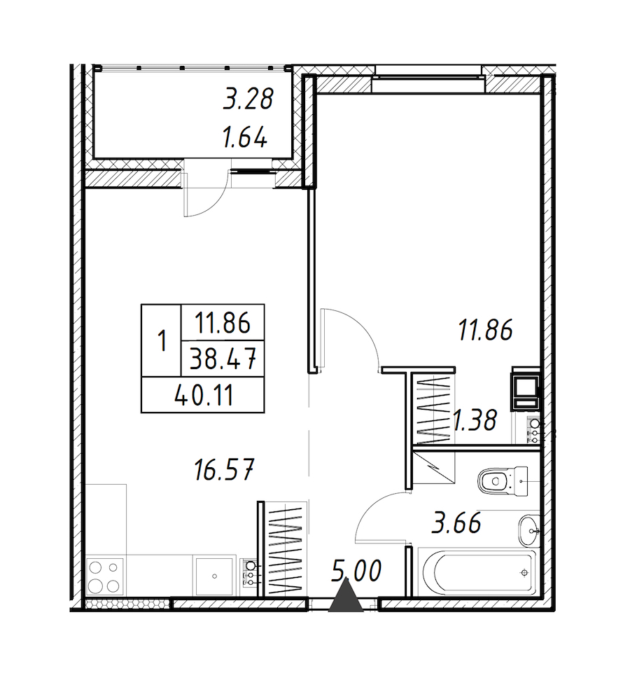 1-комнатная квартира 40.11 м², 4/12 эт., ЖК «Энфилд»