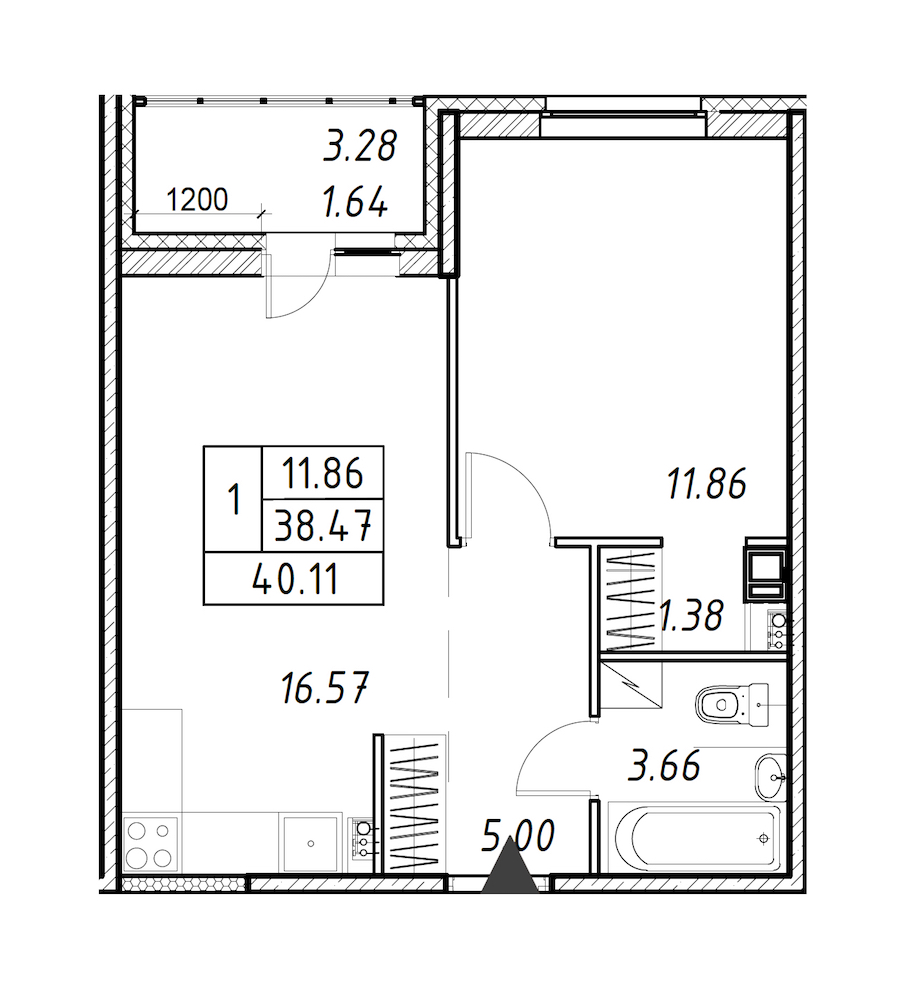 1-комнатная квартира 40.11 м², 8/12 эт., ЖК «Энфилд»