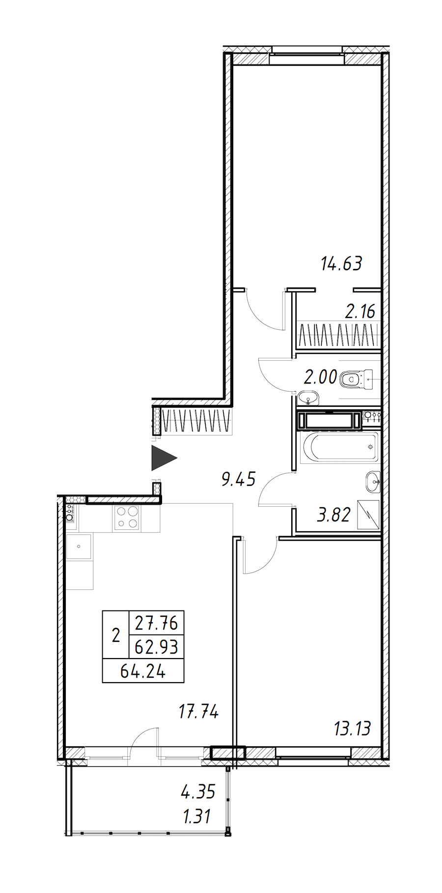 2-комнатная квартира 64.24 м², 4/12 эт., ЖК «Энфилд»