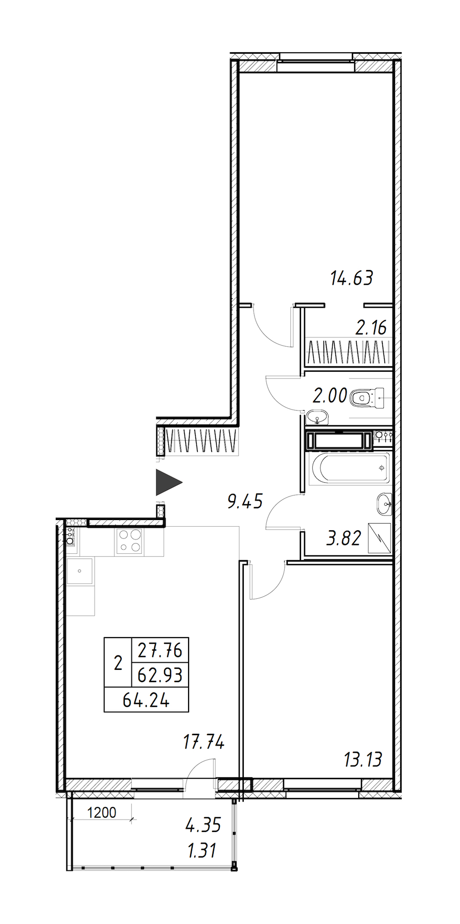 2-комнатная квартира 64.24 м², 12/12 эт., ЖК «Энфилд»