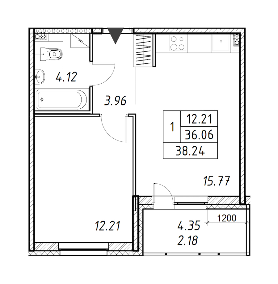 1-комнатная квартира 38.24 м², 12/12 эт., ЖК «Энфилд»