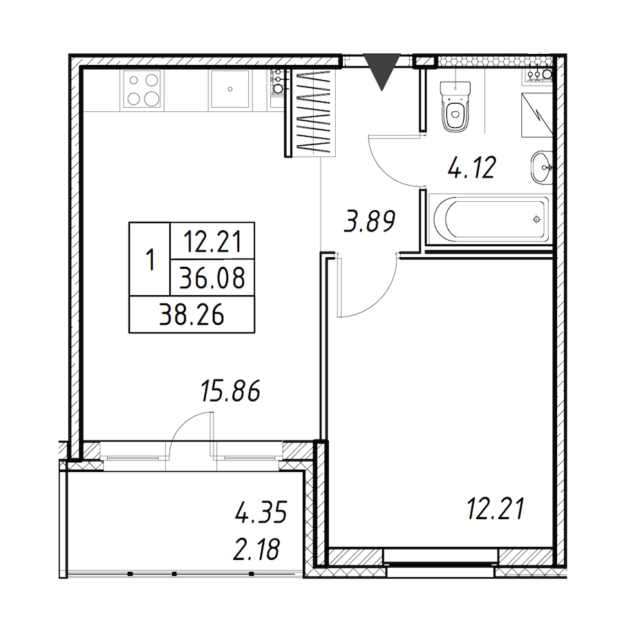1-комнатная квартира 38.26 м², 3/12 эт., ЖК «Энфилд»