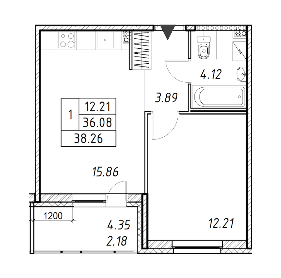 1-комнатная квартира 38.26 м², 12/12 эт., ЖК «Энфилд»