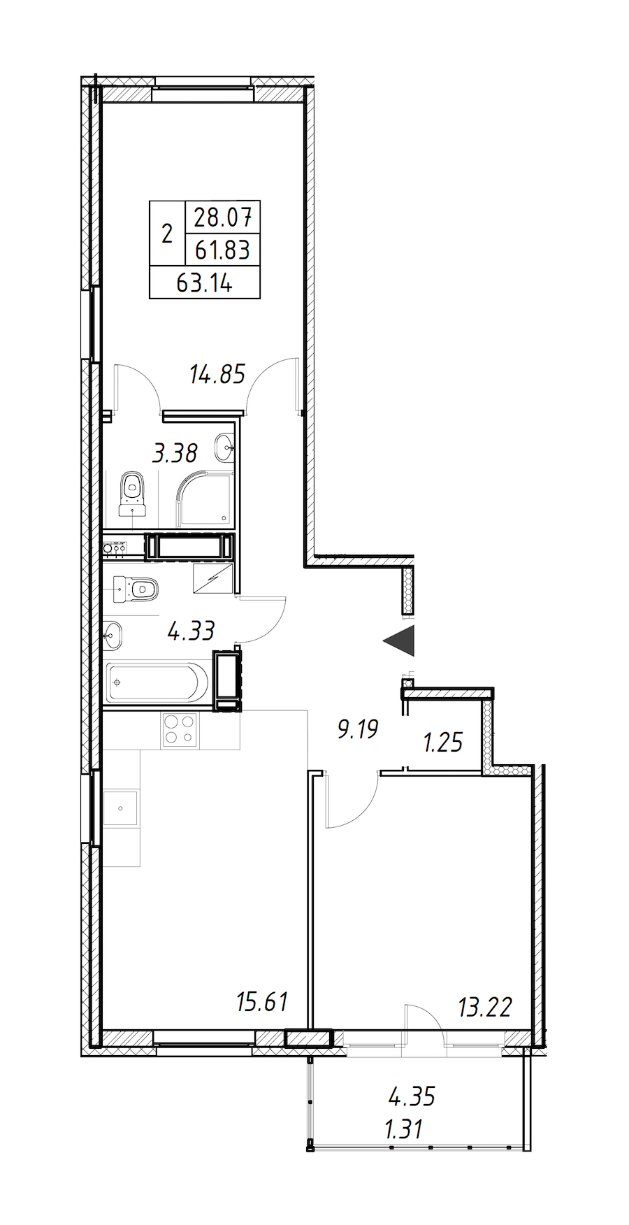 2-комнатная квартира 63.14 м², 3/12 эт., ЖК «Энфилд»