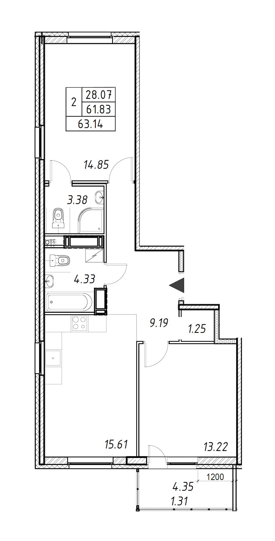2-комнатная квартира 63.14 м², 5/12 эт., ЖК «Энфилд»