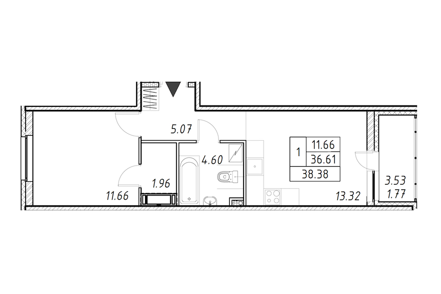 1-комнатная квартира 38.38 м², 4/12 эт., ЖК «Энфилд»