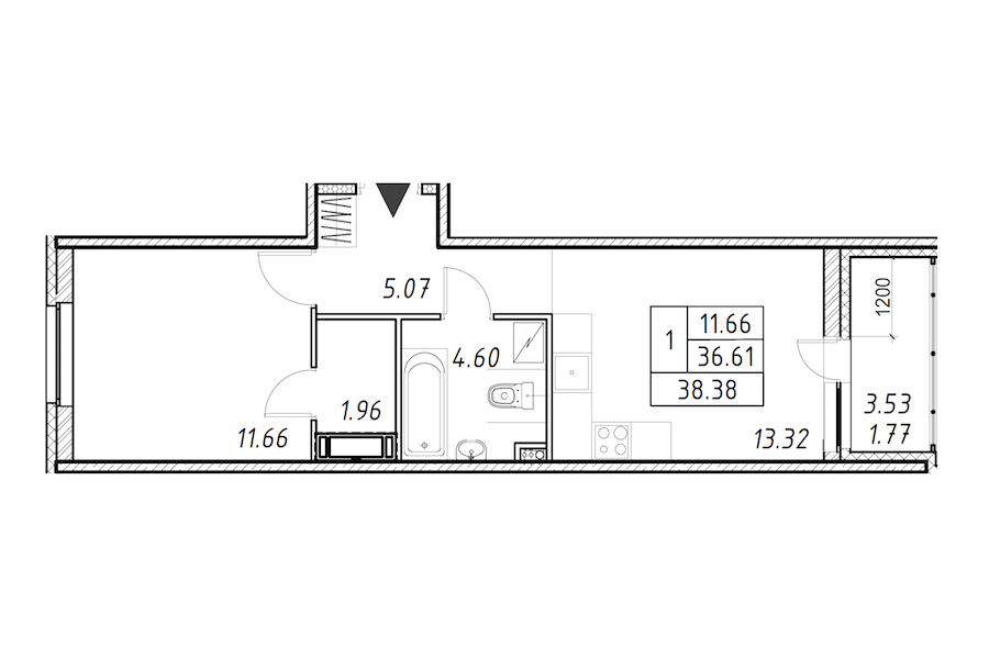 1-комнатная квартира 38.38 м², 10/12 эт., ЖК «Энфилд»