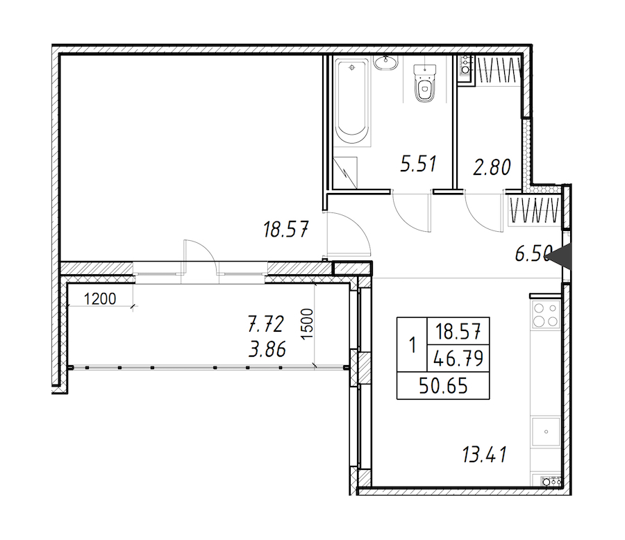 1-комнатная квартира 50.65 м², 3/12 эт., ЖК «Энфилд»
