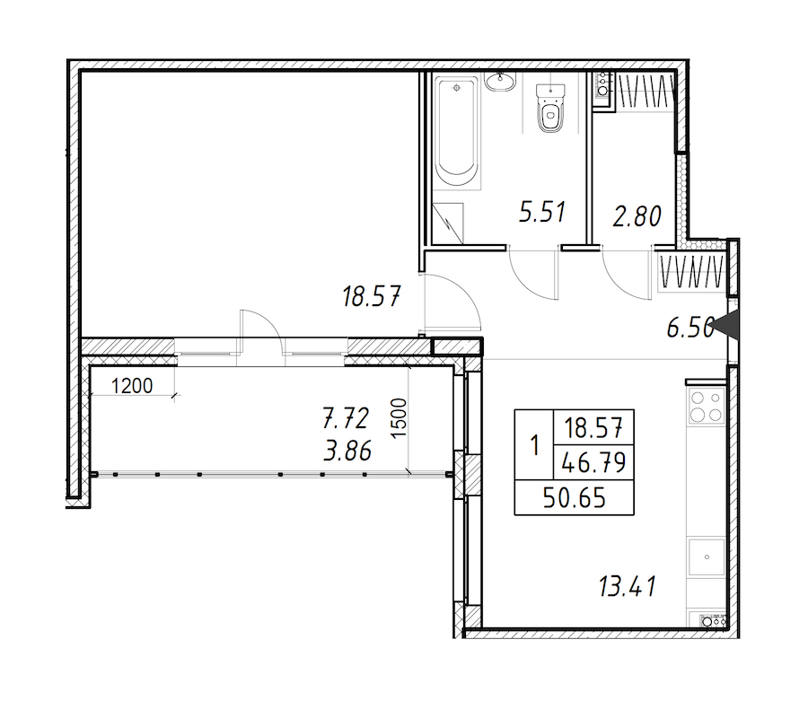 1-комнатная квартира 50.65 м², 9/12 эт., ЖК «Энфилд»