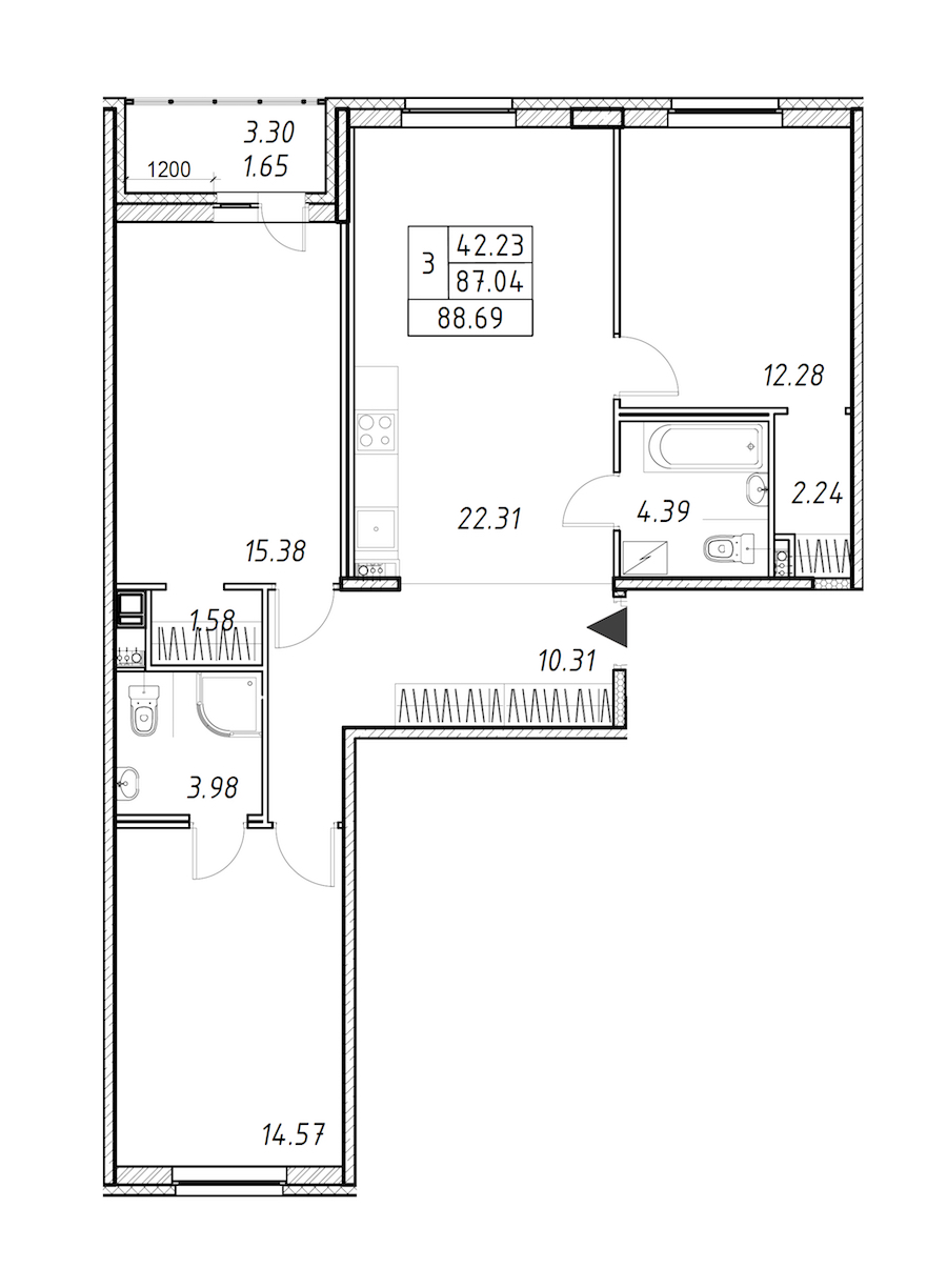 3-комнатная квартира 88.69 м², 8/12 эт., ЖК «Энфилд»