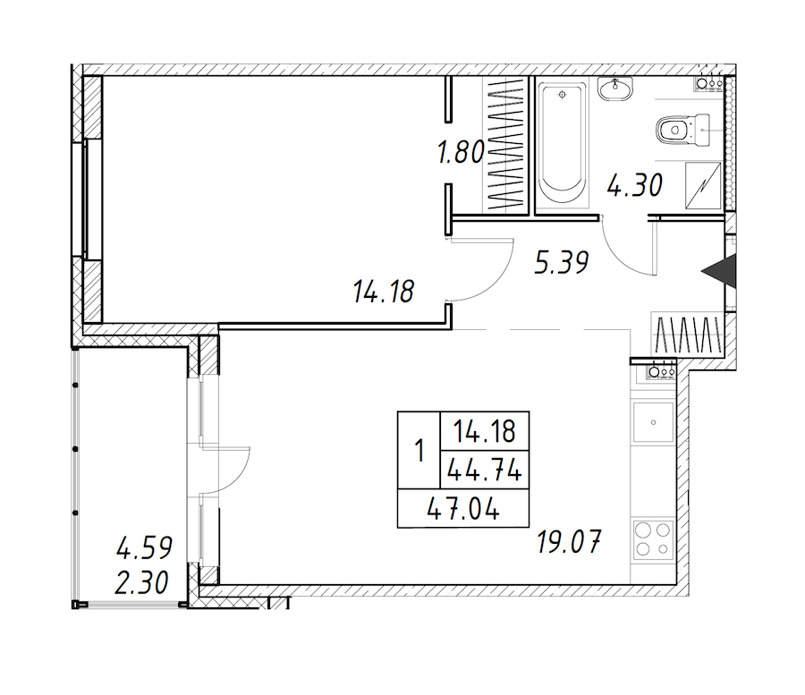 1-комнатная квартира 47.04 м², 4/12 эт., ЖК «Энфилд»