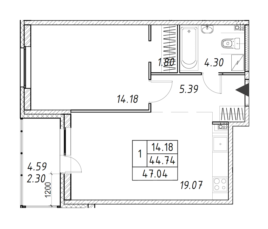1-комнатная квартира 47.04 м², 6/12 эт., ЖК «Энфилд»
