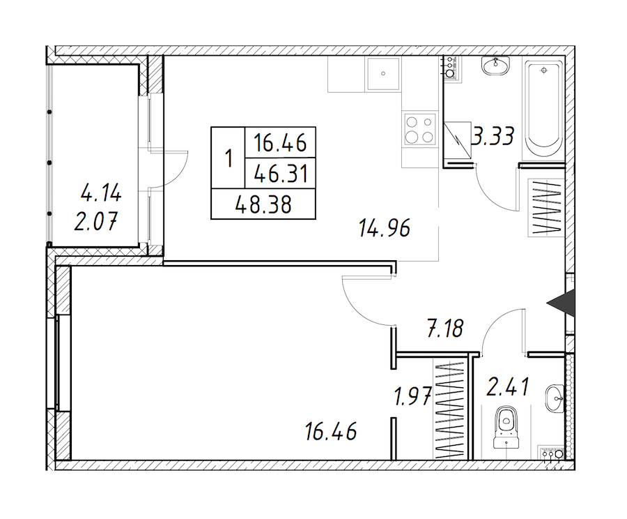 1-комнатная квартира 48.38 м², 3/12 эт., ЖК «Энфилд»